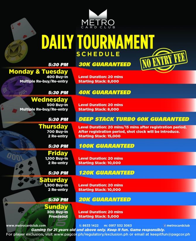 Mtro Card Club Daily Tournament Schedule