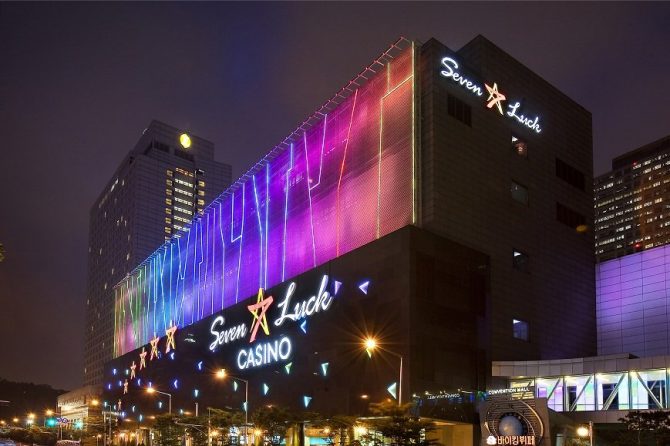 Seven Luck Casino building at night
