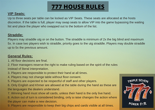 777 Triple Seven Poker Club house rules