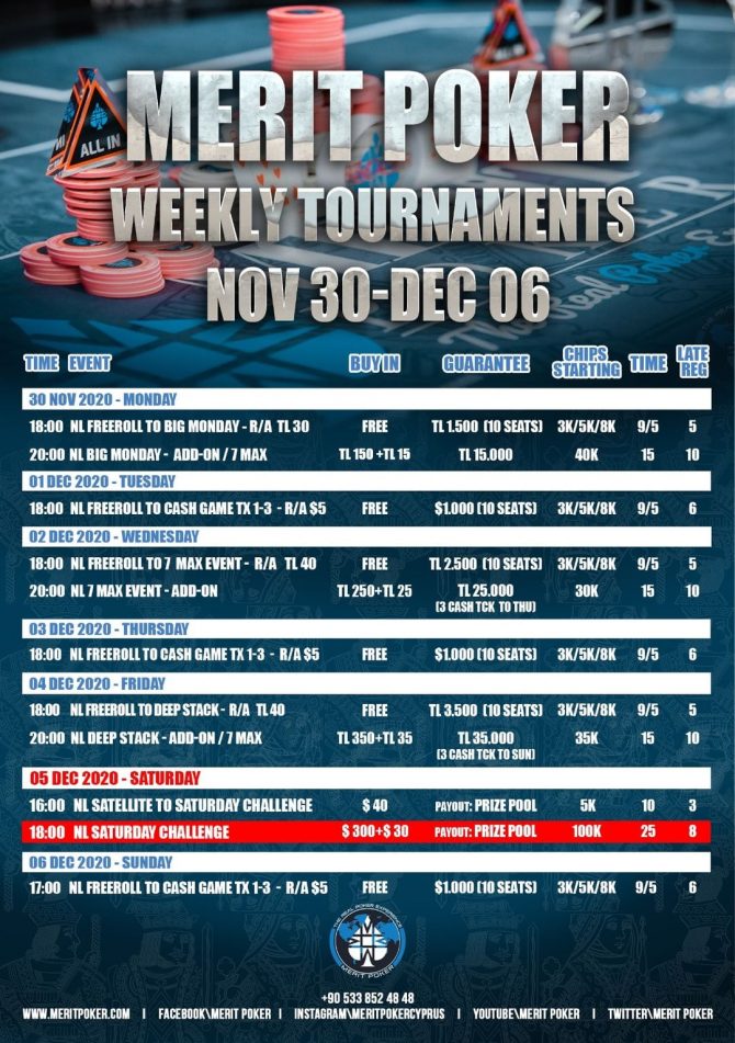 Merit Hotel weekly tournaments schedule