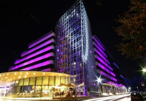 Perla Hotel and Casino building at night